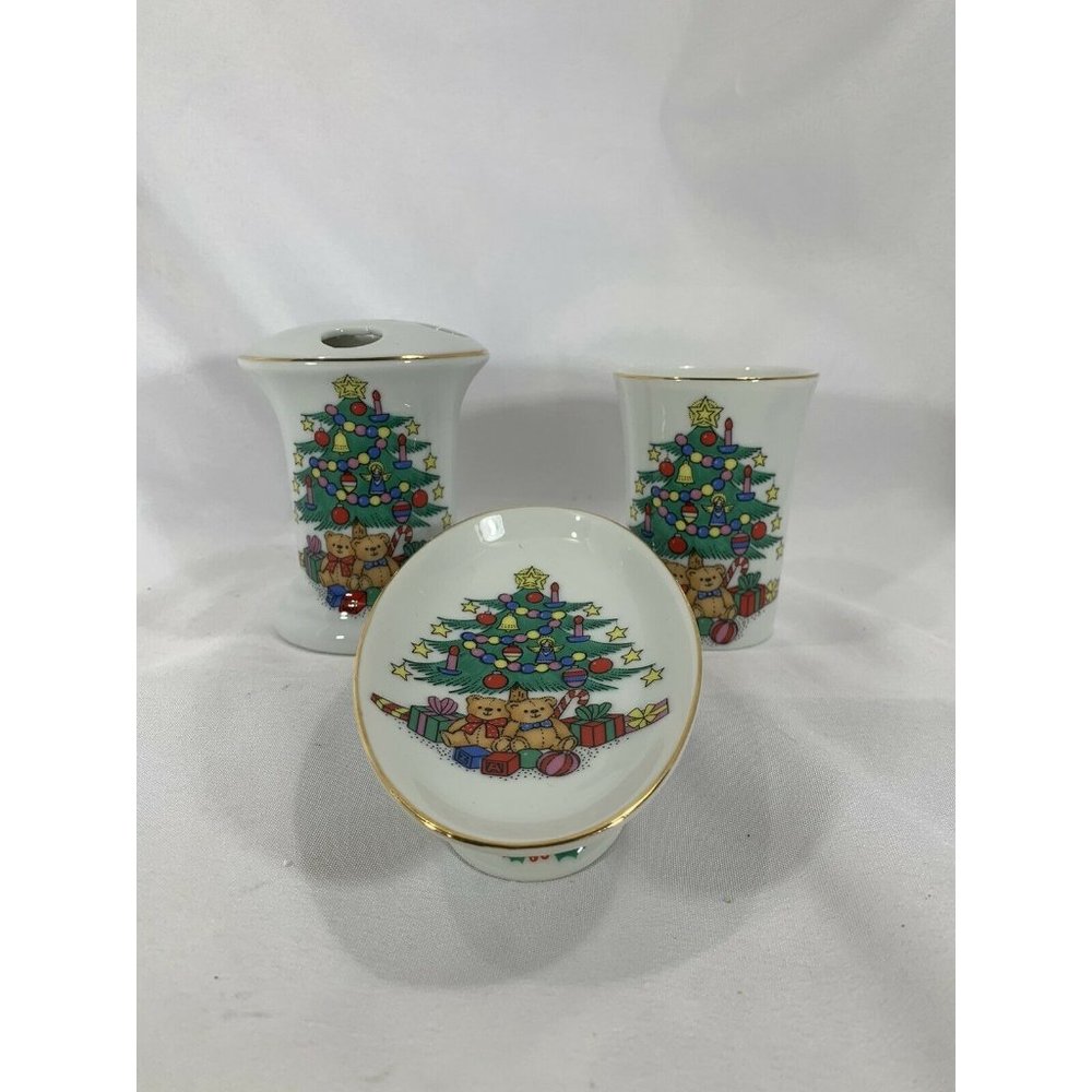 set of 3 Japan Christmas Vanity bathroom set Christmas tree gold trim